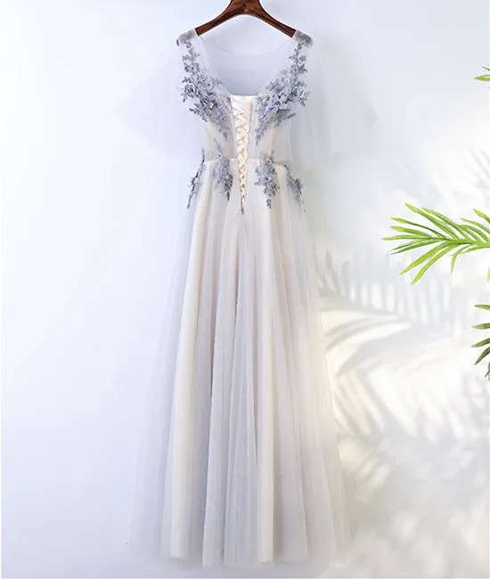 A Line Round Neck Short Sleeves Lace Prom Dresses With Appliques, Lace Formal Dresses