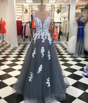 A Line Spaghetti Straps Lace Grey Tulle Long Prom Dress Grey Formal Bridesmaid Dress Evening Dress