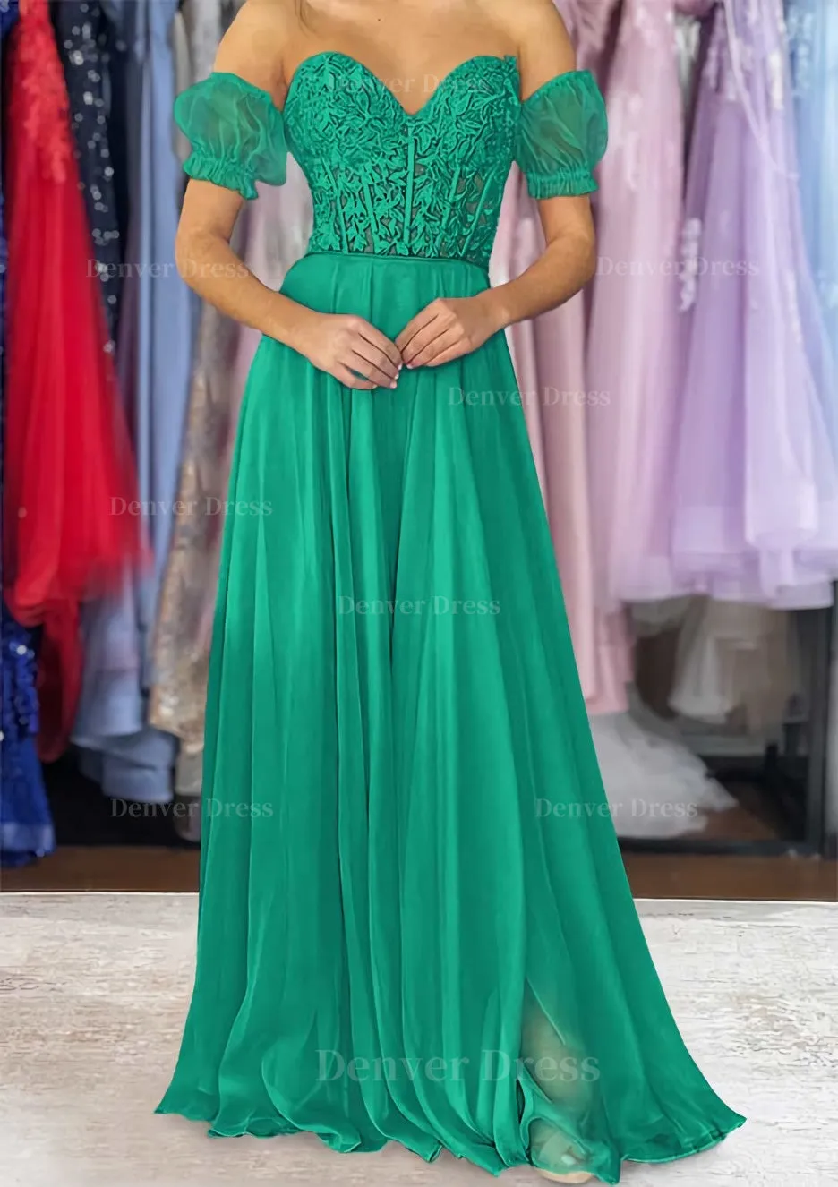 A-line Sweetheart Strapless Long/Floor-Length Chiffon Prom Dress with Detachable Balloon Sleeves