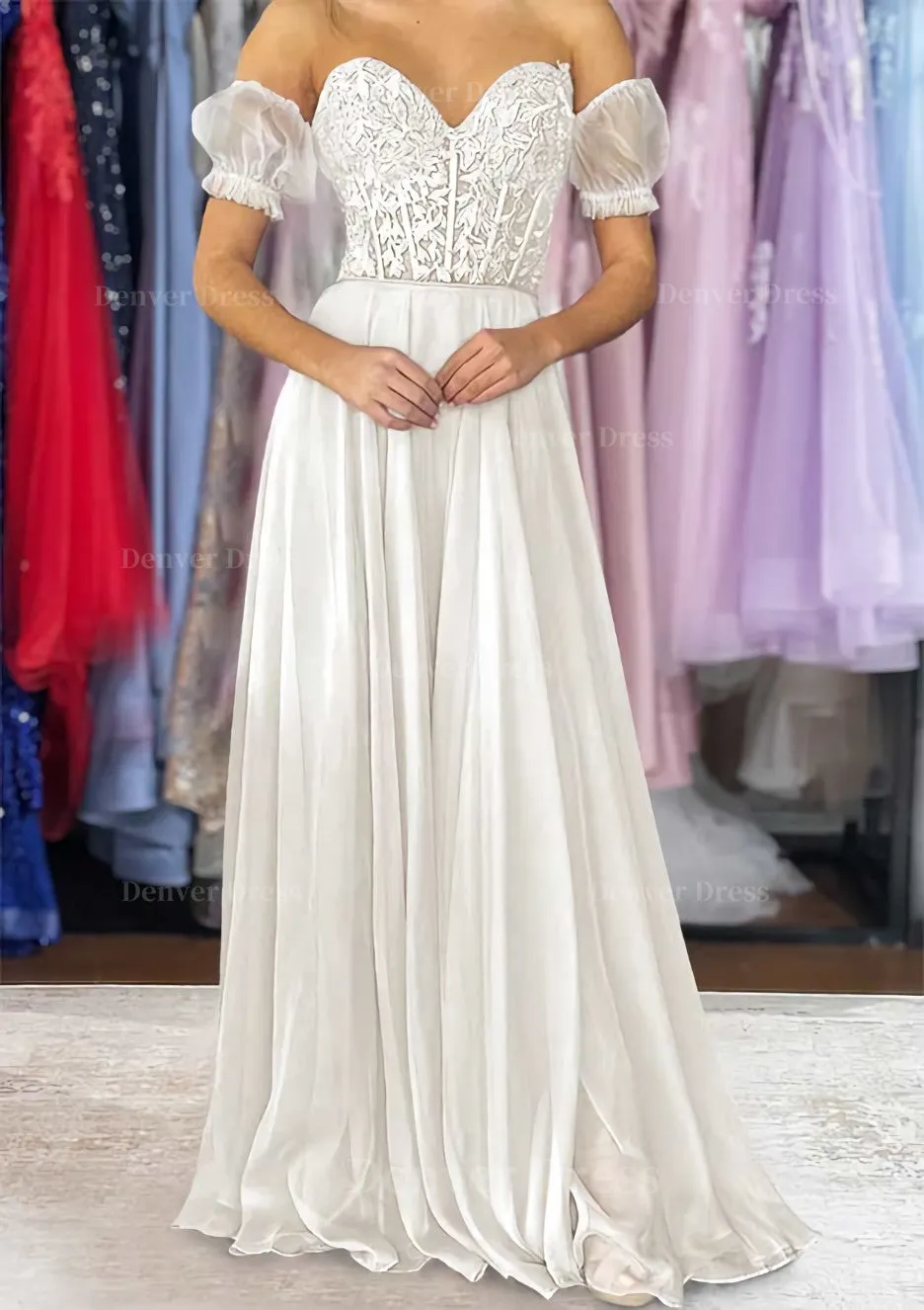 A-line Sweetheart Strapless Long/Floor-Length Chiffon Prom Dress with Detachable Balloon Sleeves