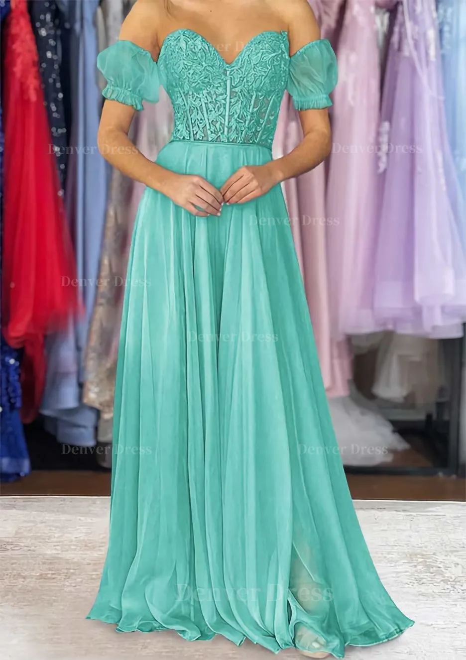 A-line Sweetheart Strapless Long/Floor-Length Chiffon Prom Dress with Detachable Balloon Sleeves