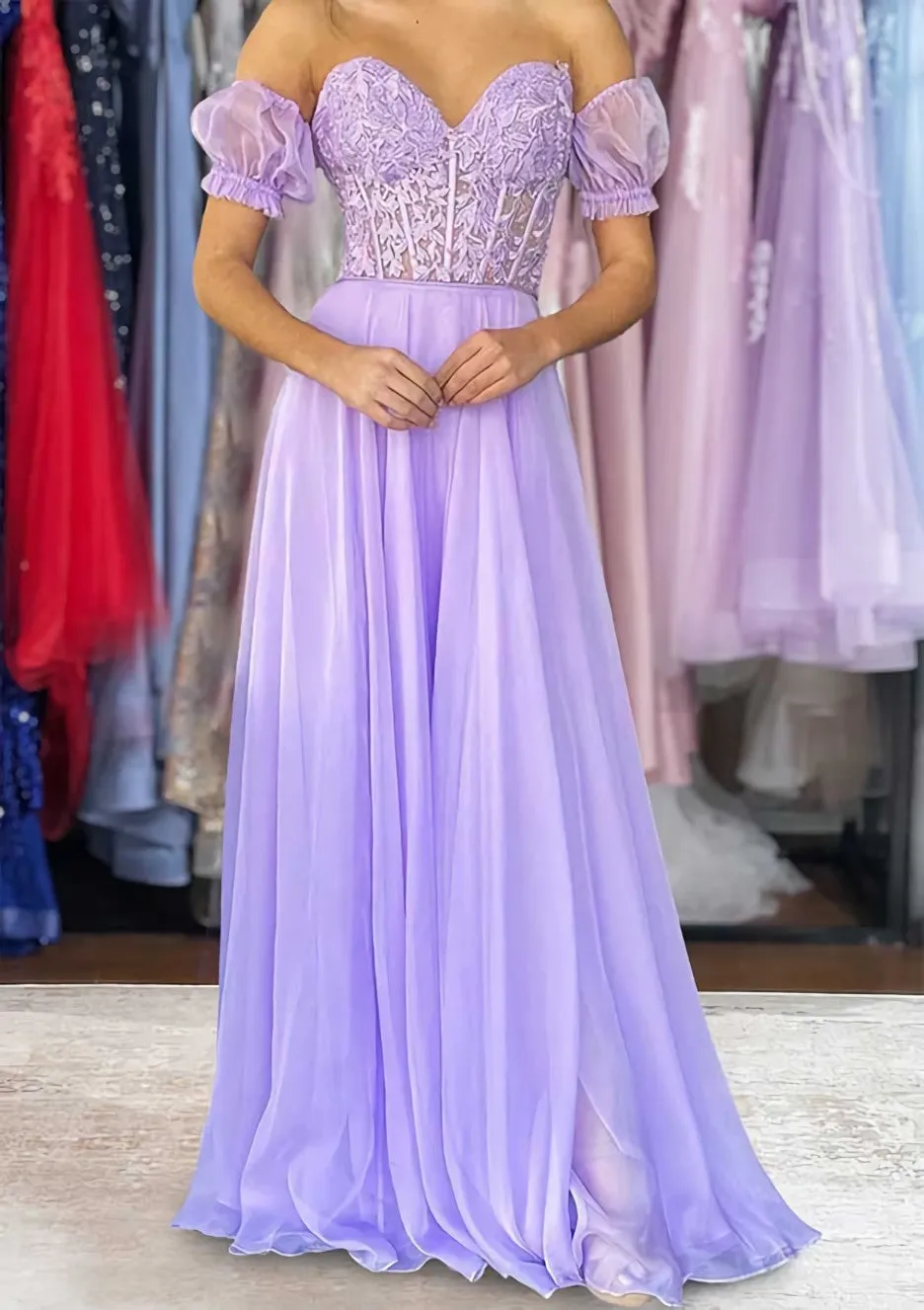 A-line Sweetheart Strapless Long/Floor-Length Chiffon Prom Dress with Detachable Balloon Sleeves