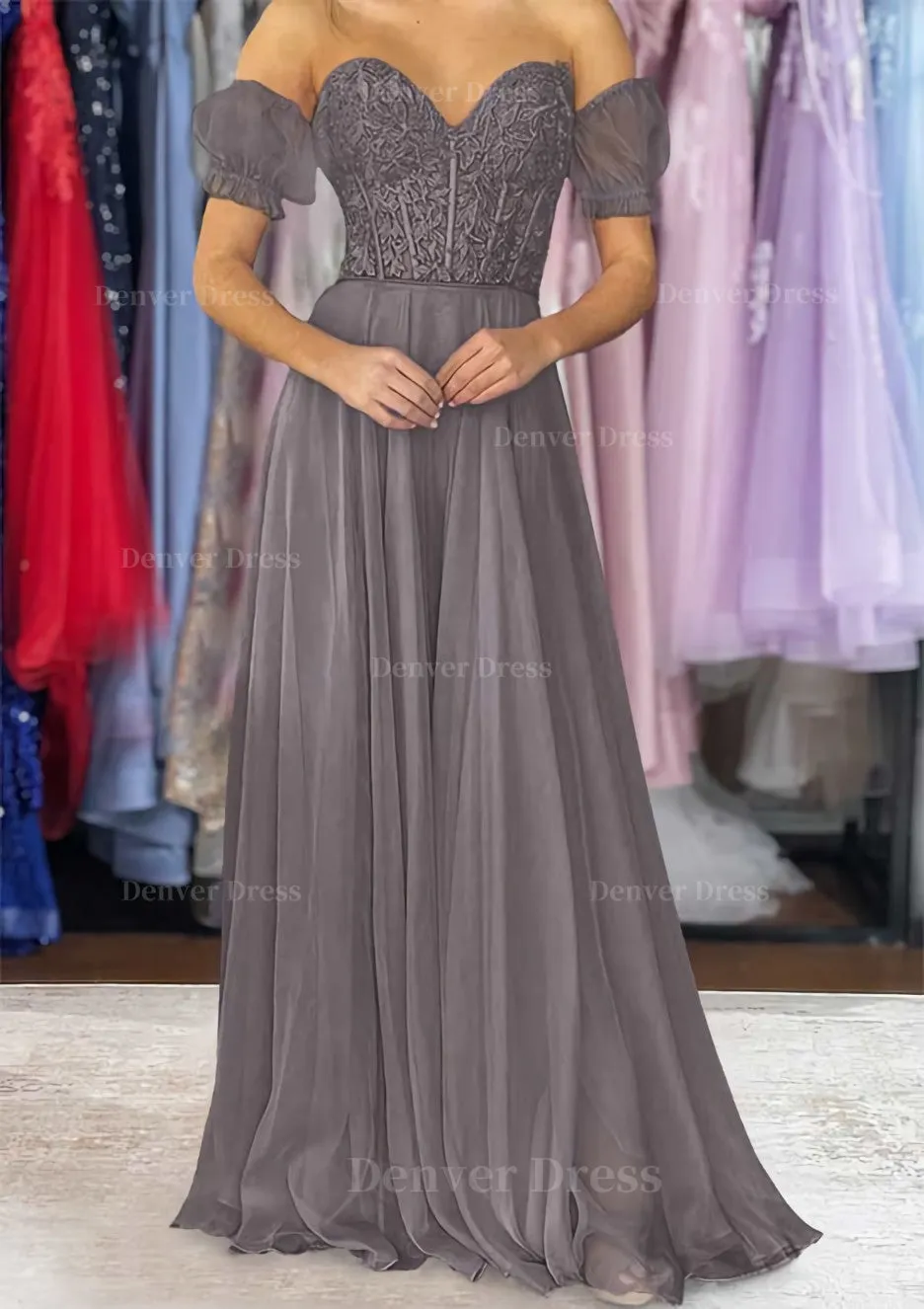 A-line Sweetheart Strapless Long/Floor-Length Chiffon Prom Dress with Detachable Balloon Sleeves