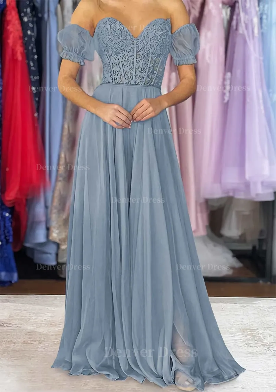 A-line Sweetheart Strapless Long/Floor-Length Chiffon Prom Dress with Detachable Balloon Sleeves