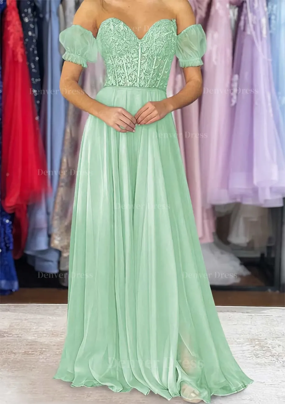 A-line Sweetheart Strapless Long/Floor-Length Chiffon Prom Dress with Detachable Balloon Sleeves