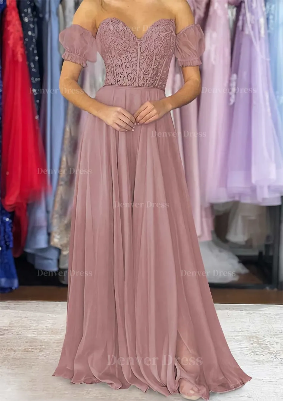 A-line Sweetheart Strapless Long/Floor-Length Chiffon Prom Dress with Detachable Balloon Sleeves