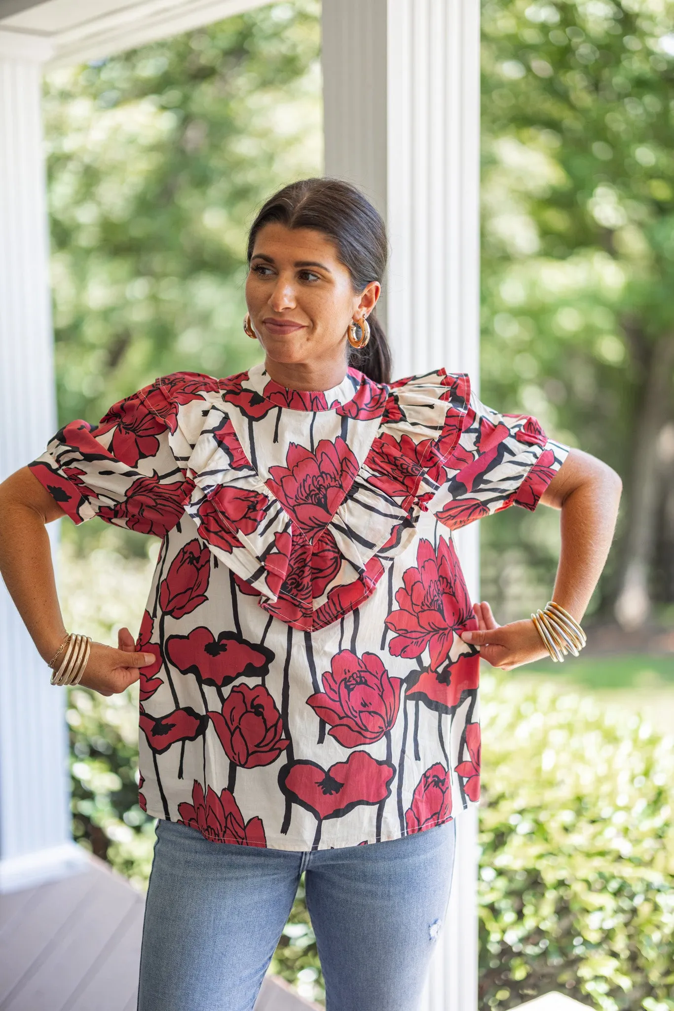 Abstract Blooms Red Floral Top