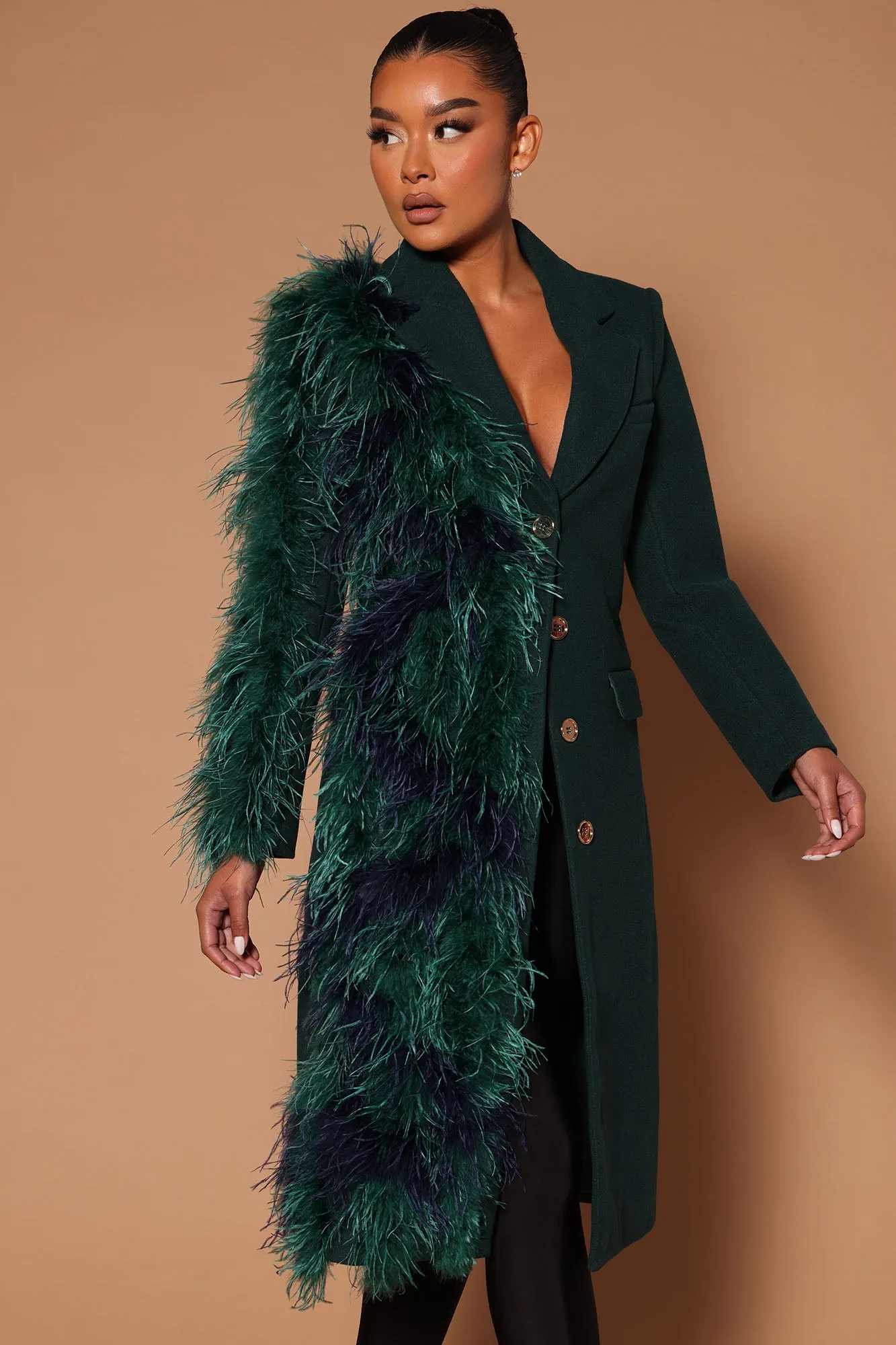 Alicia Feather Long Coat - Green