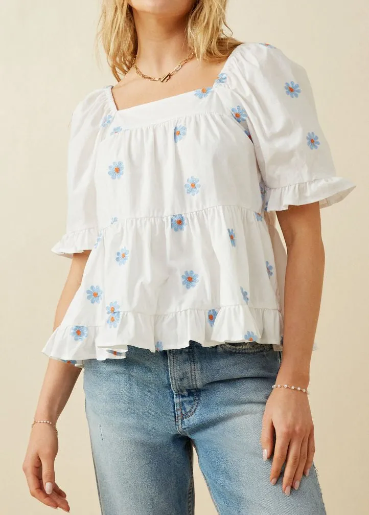 All Over Daisy Embroidered Square Neck Top