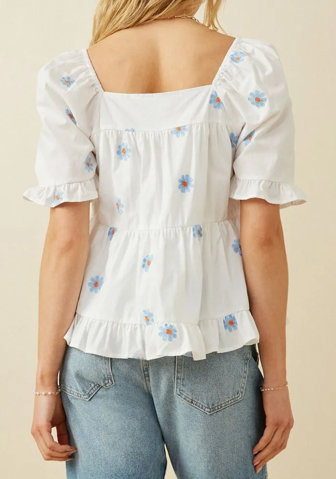 All Over Daisy Embroidered Square Neck Top