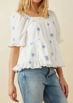 All Over Daisy Embroidered Square Neck Top