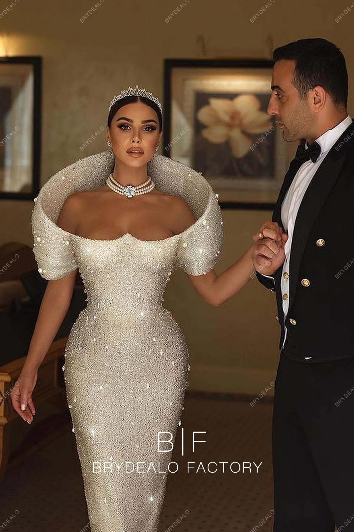 Allover Sparkly Off Shoulder Mermaid Luxury Modern Bridal Dress