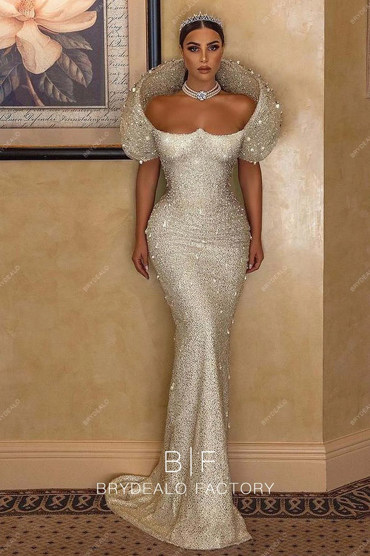 Allover Sparkly Off Shoulder Mermaid Luxury Modern Bridal Dress