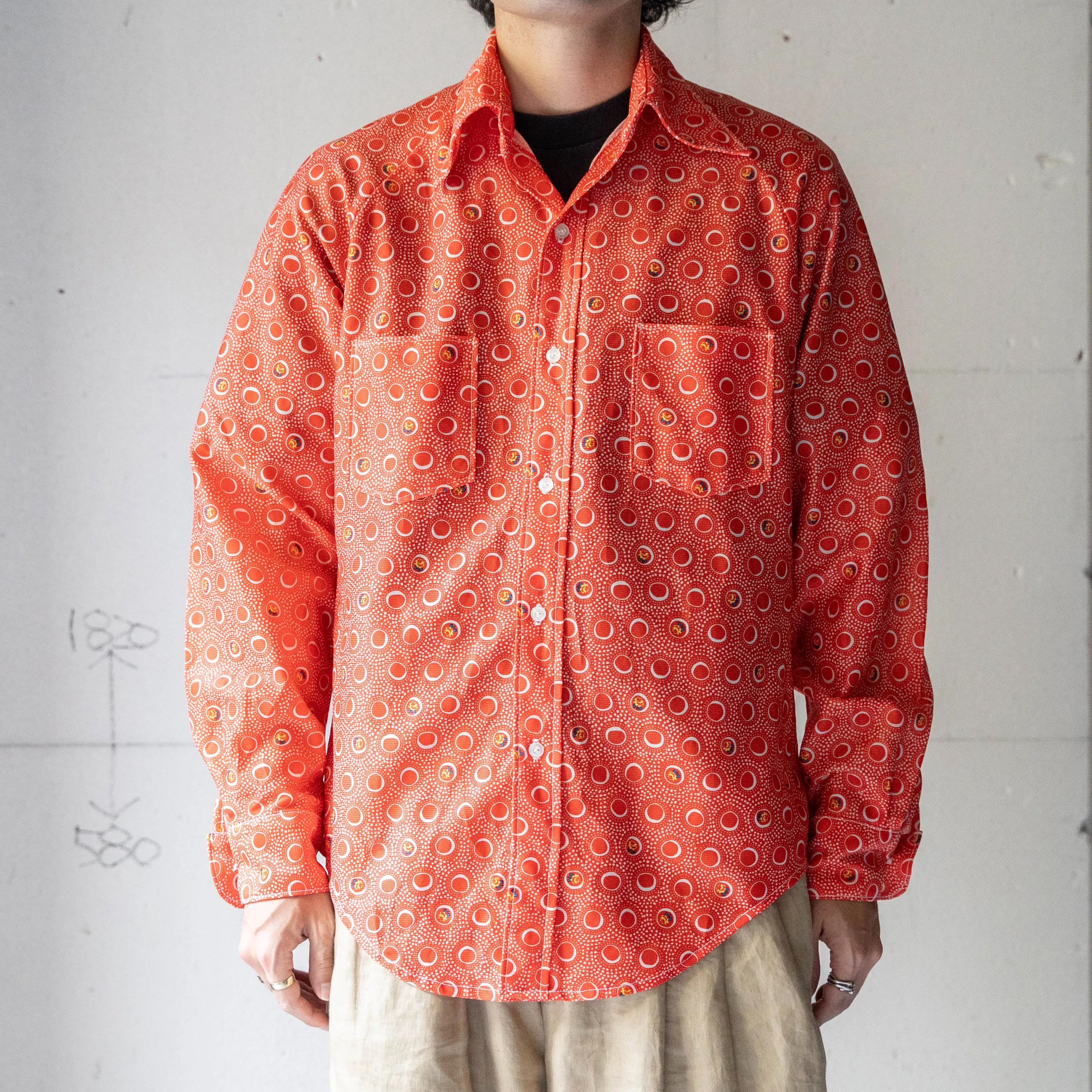 around 1990s vermilion color all over pattern open collar shirt