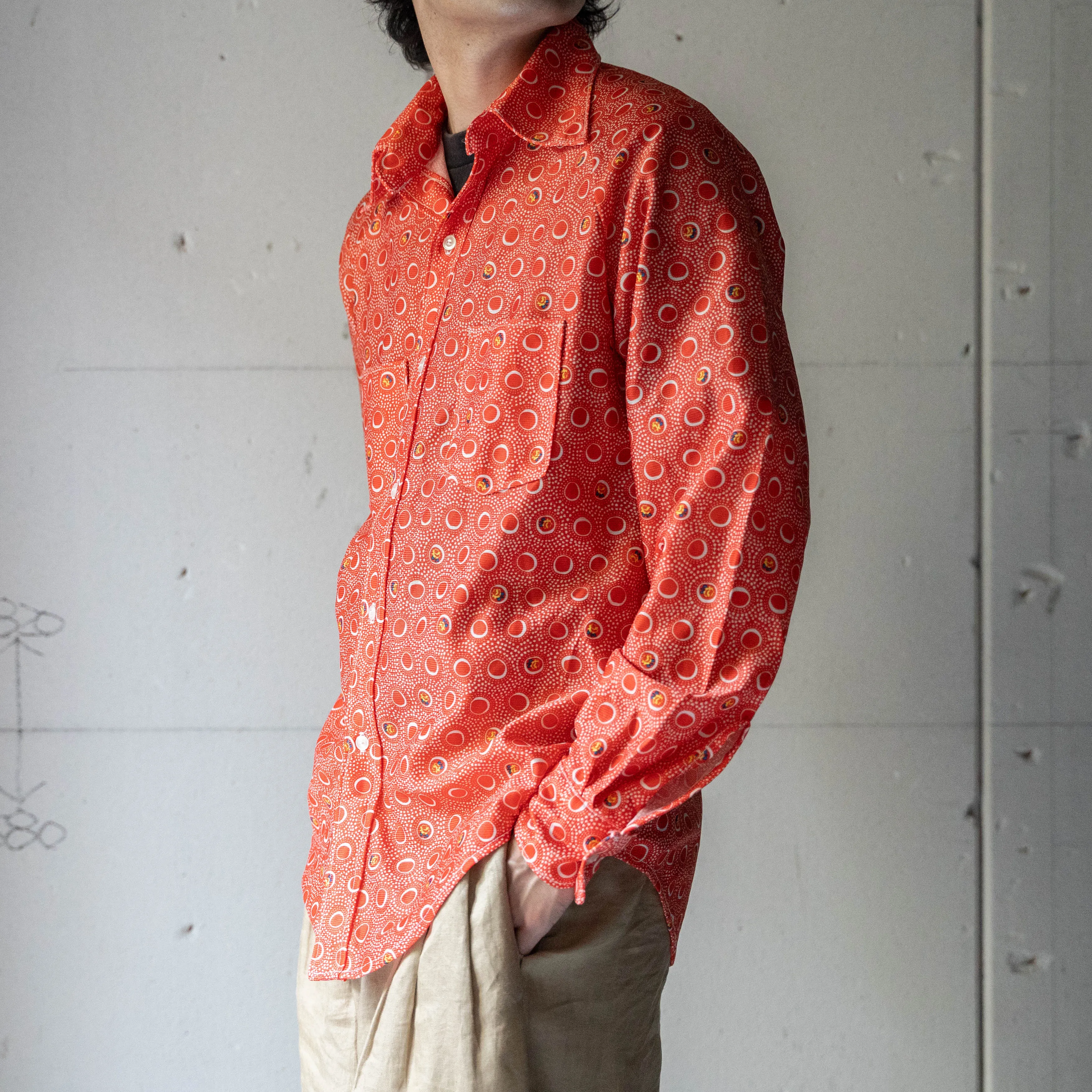 around 1990s vermilion color all over pattern open collar shirt