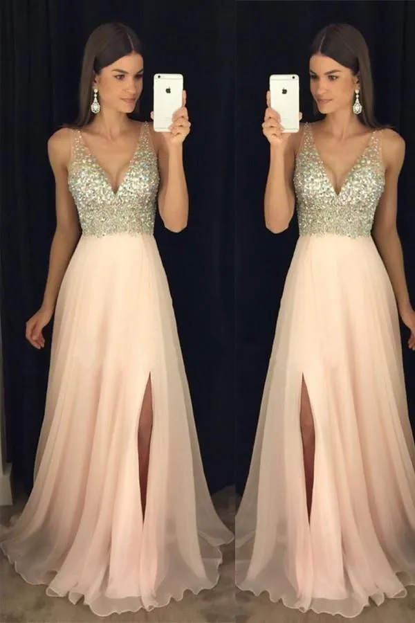 Beaded V Neck Open Back Long Chiffon Prom Dresses With Leg Slit PG375