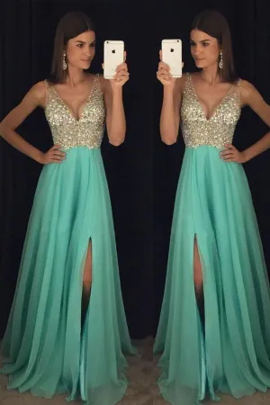 Beaded V Neck Open Back Long Chiffon Prom Dresses With Leg Slit PG375