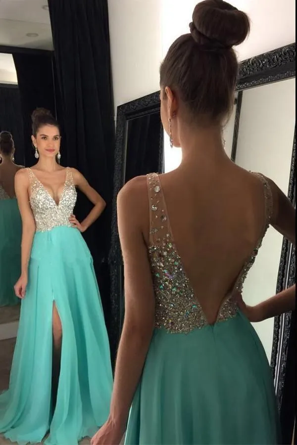 Beaded V Neck Open Back Long Chiffon Prom Dresses With Leg Slit PG375