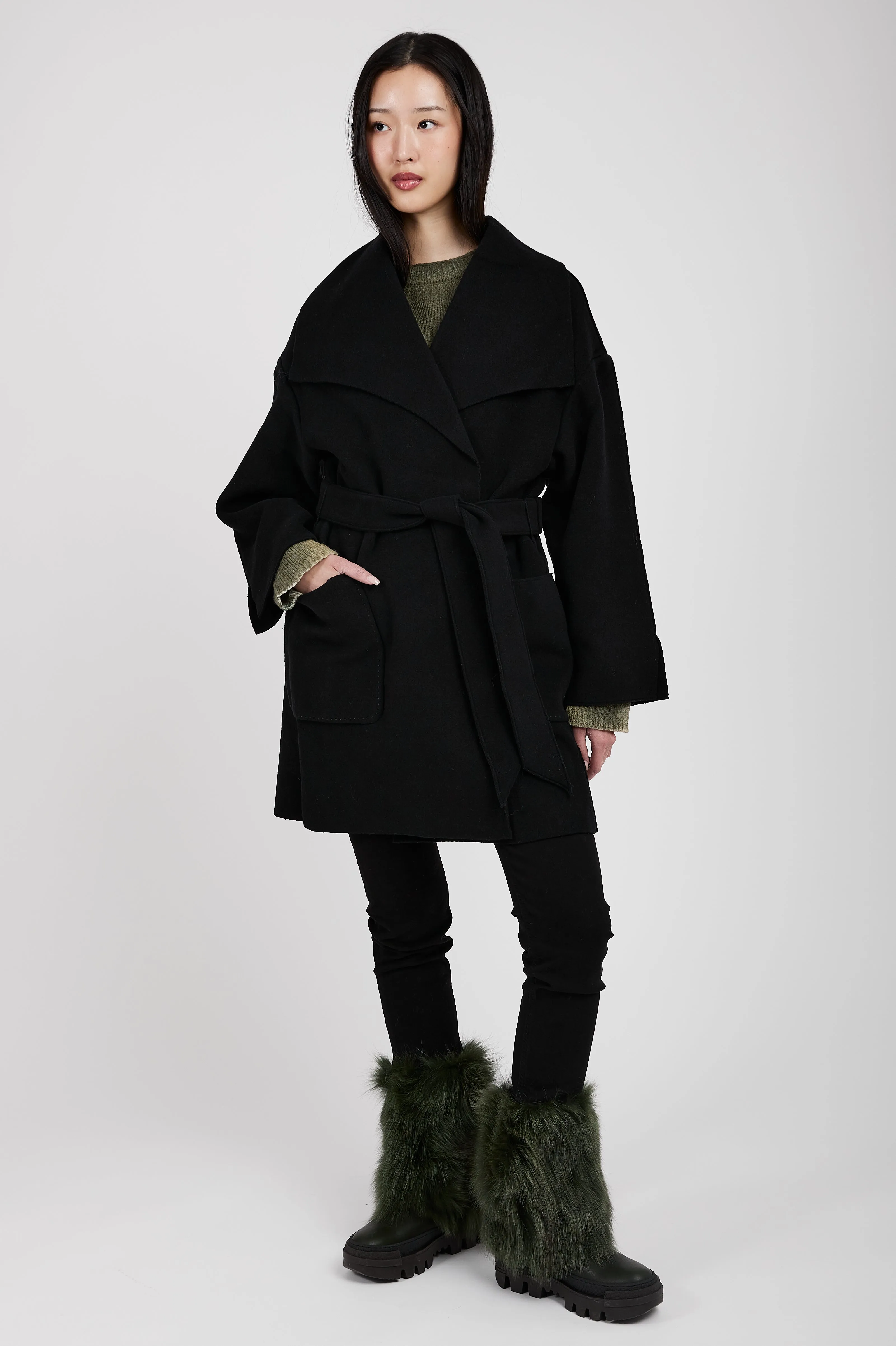 Belted Wrap Wool Coat in Black