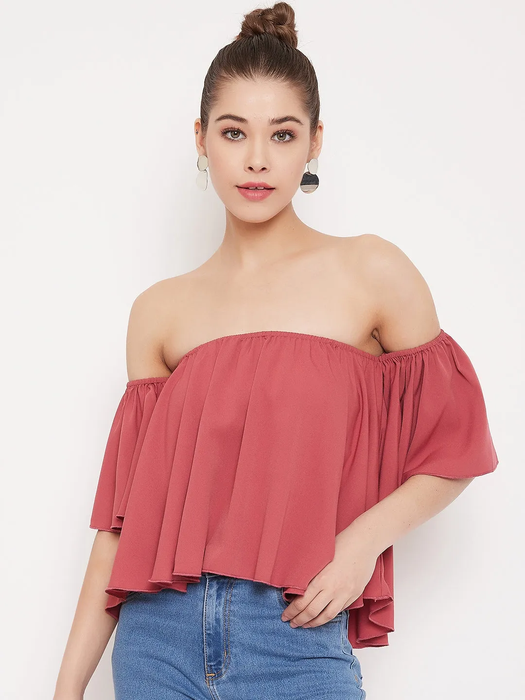 Berrylush Women Solid Rose Pink Off-Shoulder Neck Ruffled Crop Bardot Top