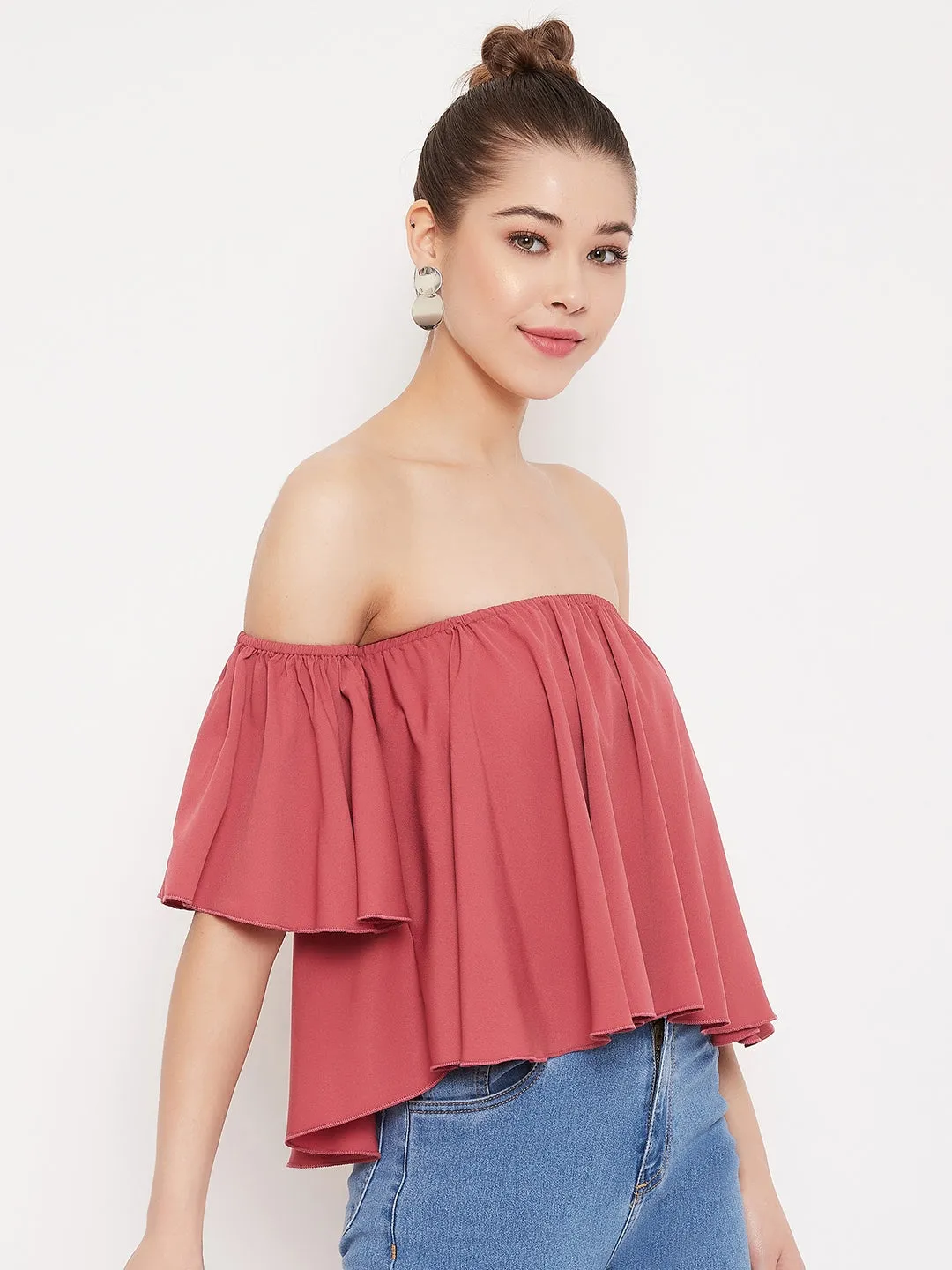 Berrylush Women Solid Rose Pink Off-Shoulder Neck Ruffled Crop Bardot Top