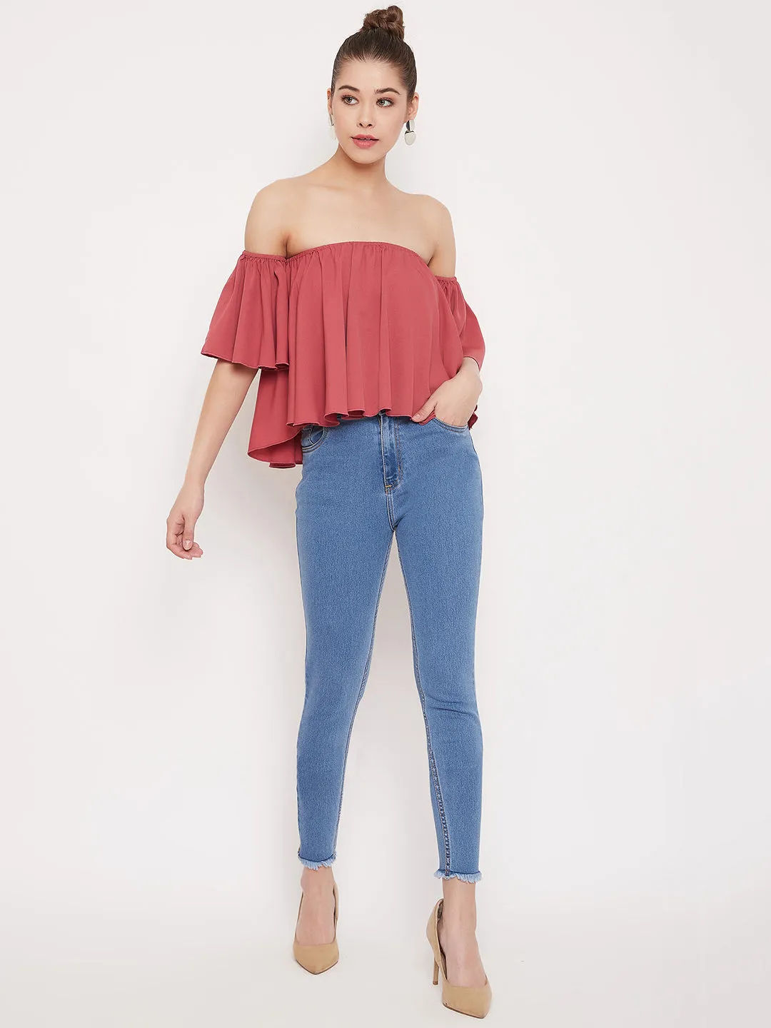 Berrylush Women Solid Rose Pink Off-Shoulder Neck Ruffled Crop Bardot Top