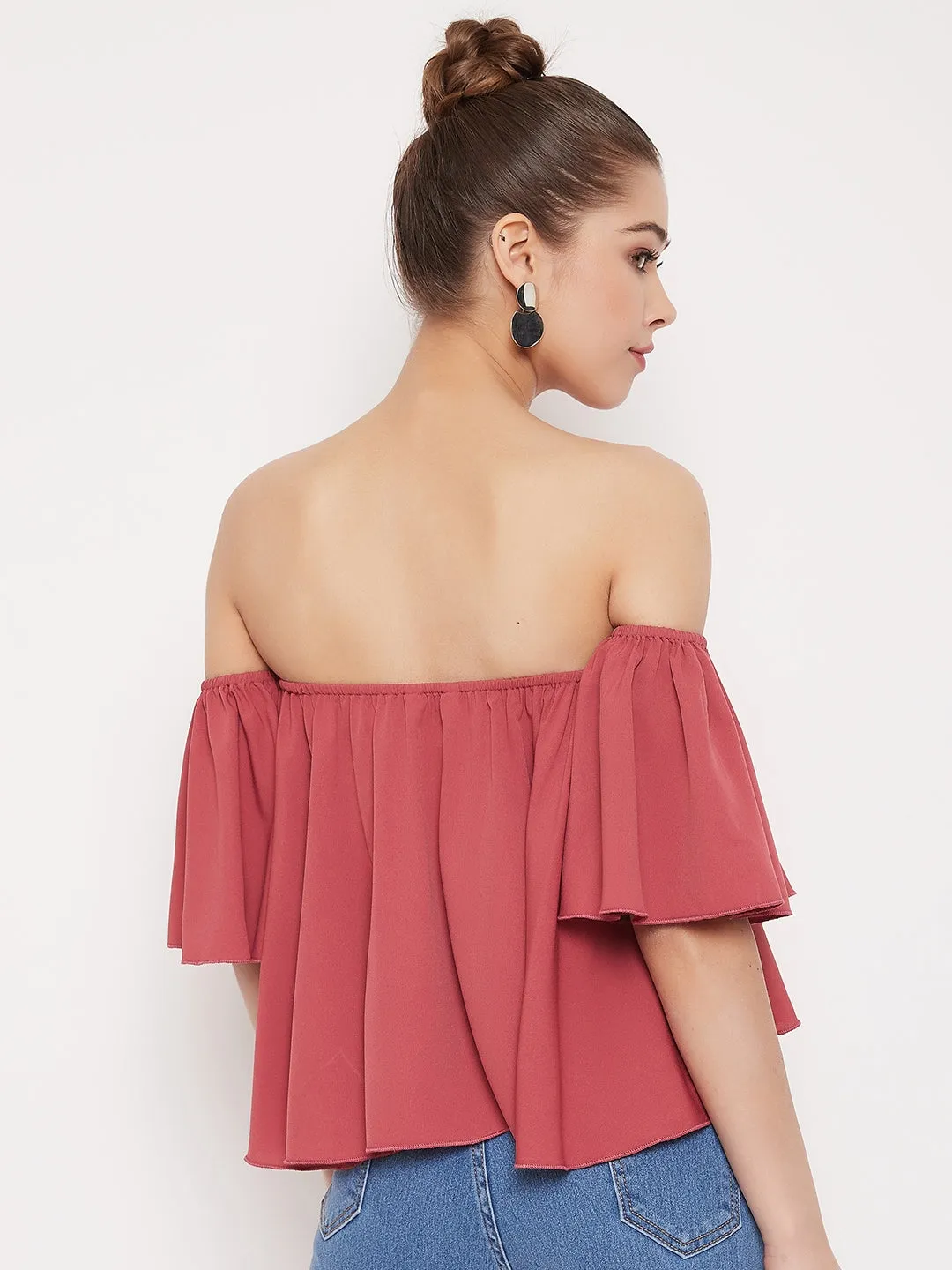 Berrylush Women Solid Rose Pink Off-Shoulder Neck Ruffled Crop Bardot Top