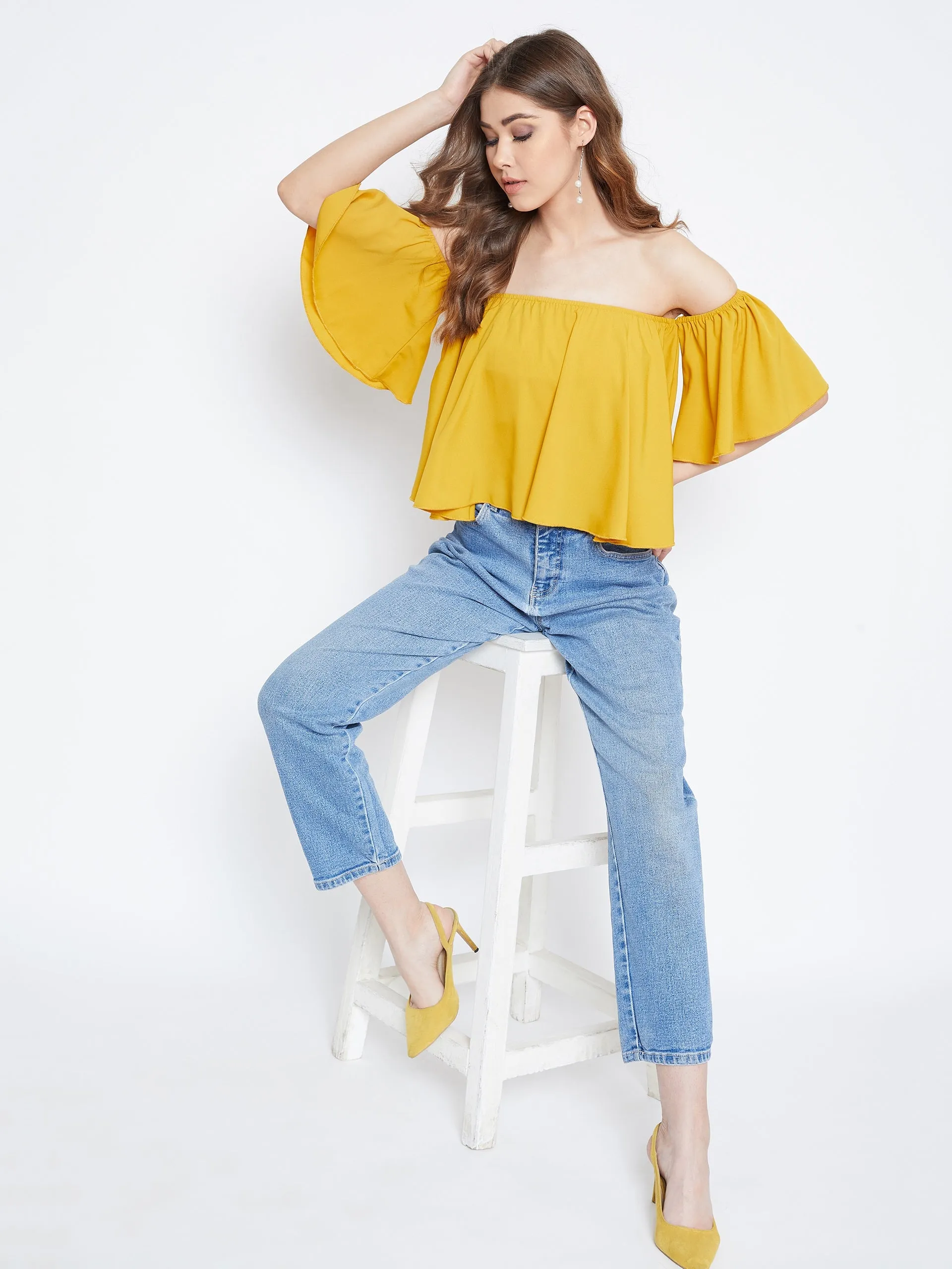 Berrylush Women Solid Yellow Off-Shoulder Ruffled Crop Top