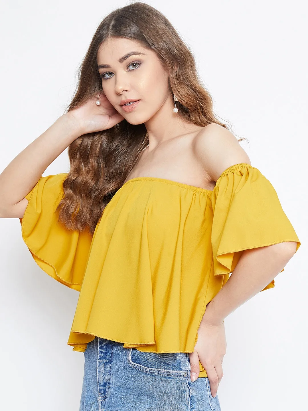 Berrylush Women Solid Yellow Off-Shoulder Ruffled Crop Top