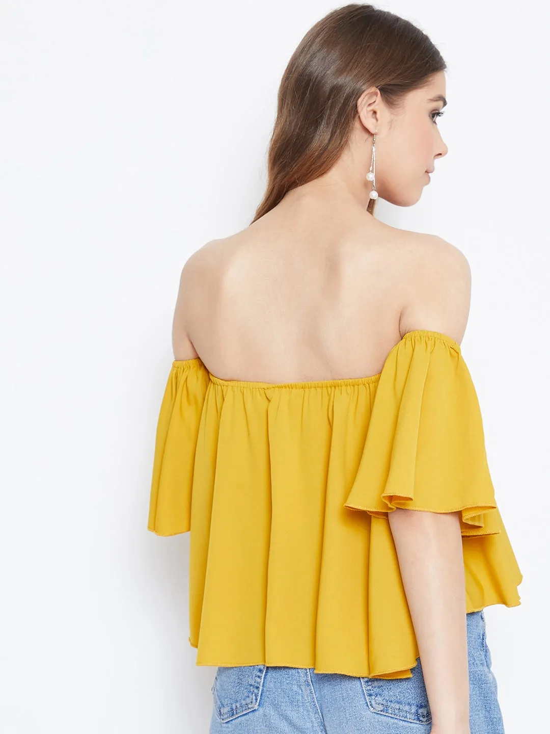 Berrylush Women Solid Yellow Off-Shoulder Ruffled Crop Top