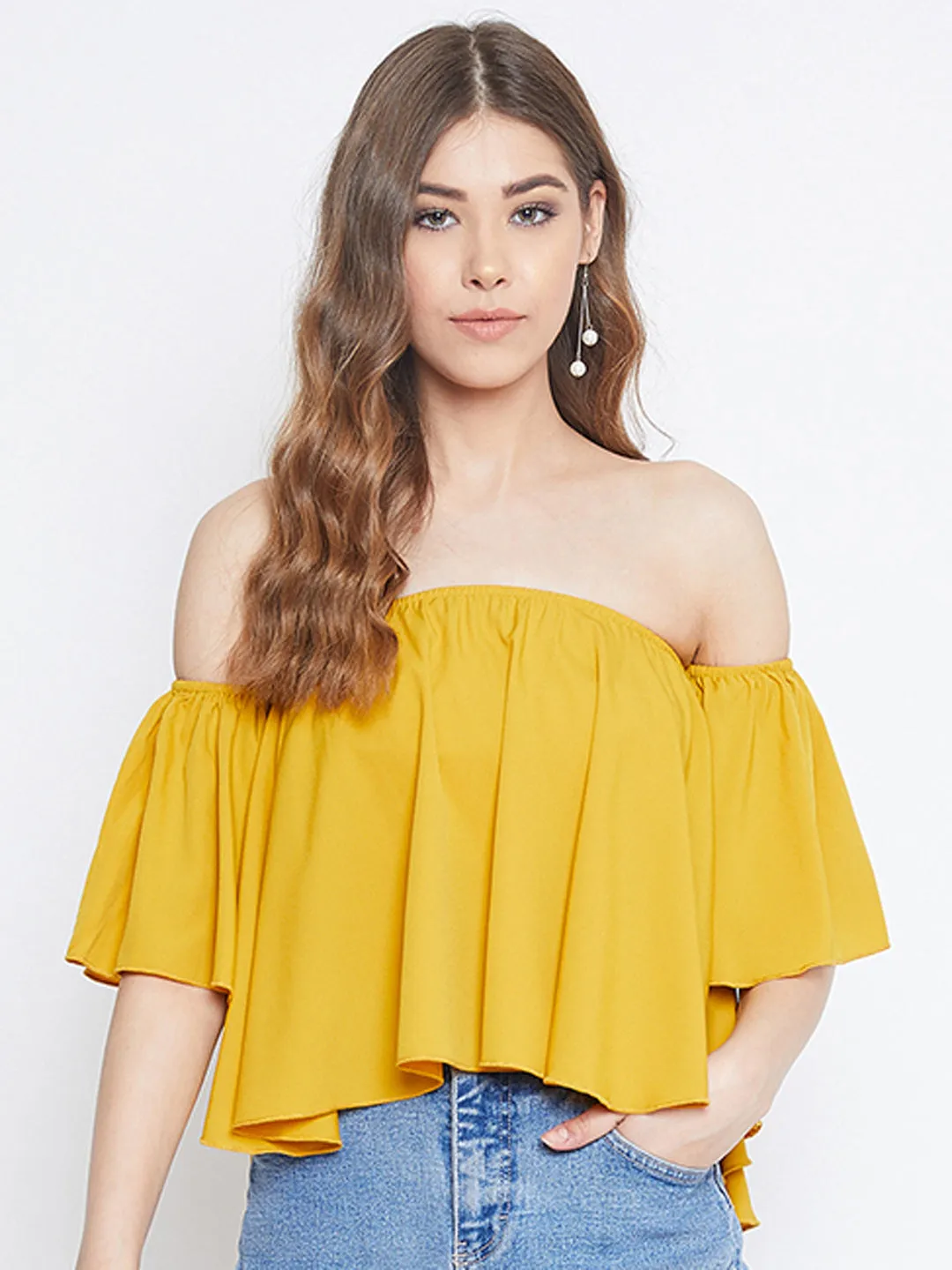 Berrylush Women Solid Yellow Off-Shoulder Ruffled Crop Top