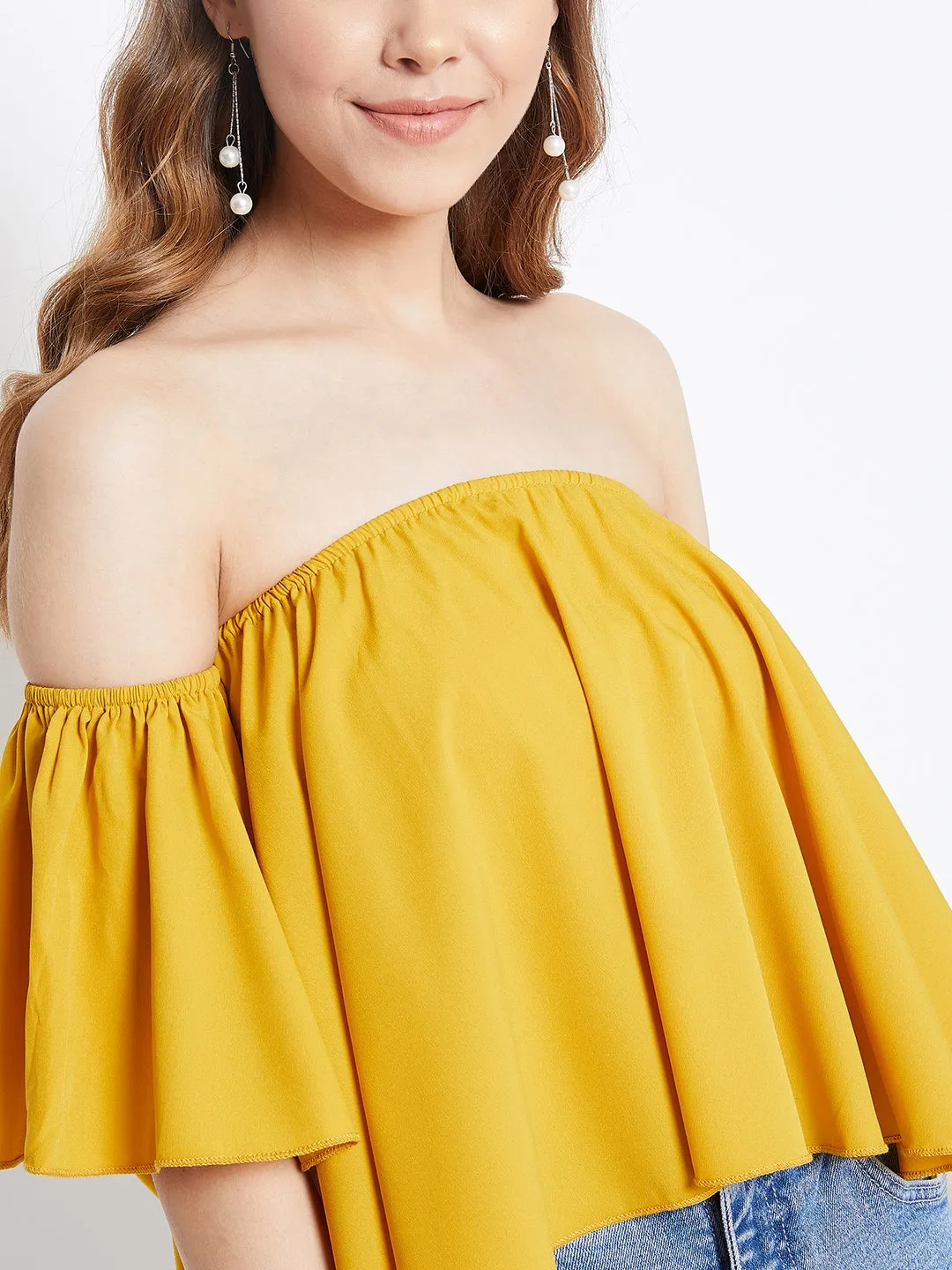 Berrylush Women Solid Yellow Off-Shoulder Ruffled Crop Top