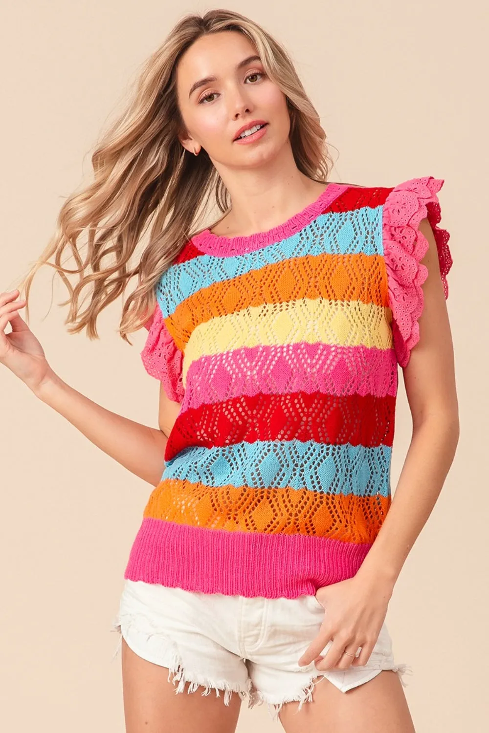 BiBi Pointelle Striped Ruffled Knit Top