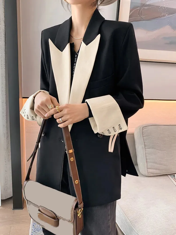 Black Blazers For Women Notched Long Sleeve Loose Patchwork Pocket Temperament Blazer Females Autumn Clothing