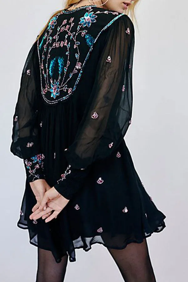 Black Embroidered Cutout Chiffon Mini Dress