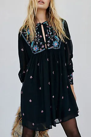 Black Embroidered Cutout Chiffon Mini Dress