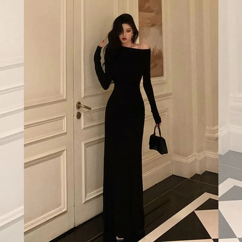 Black off-shoulder long-sleeved dress for women,long party dress     S5709