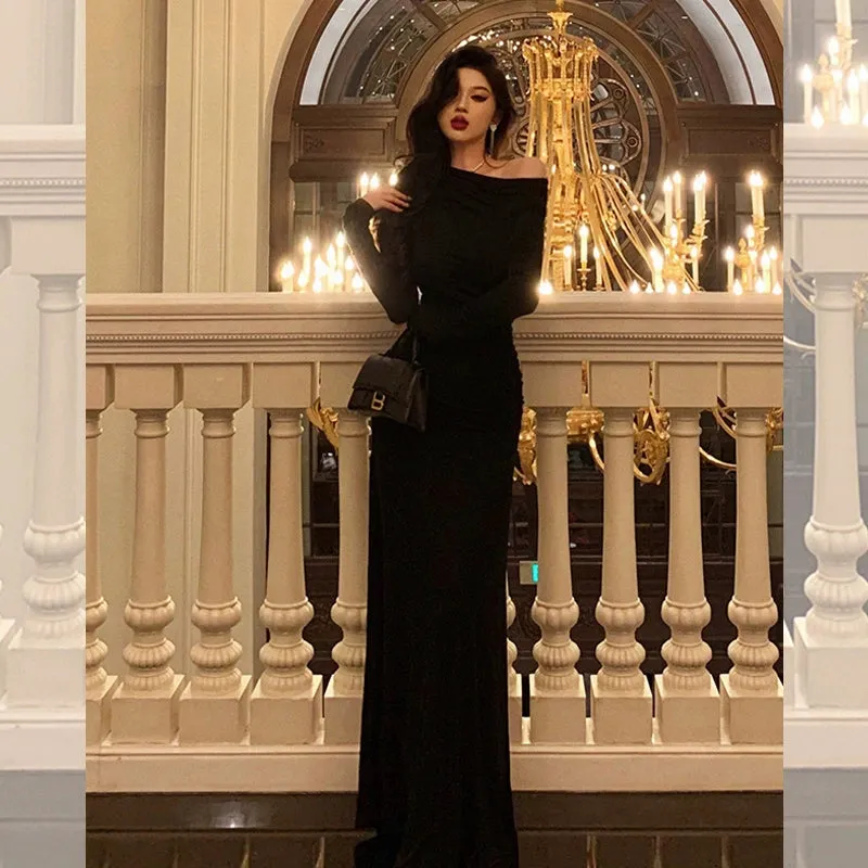 Black off-shoulder long-sleeved dress for women,long party dress     S5709