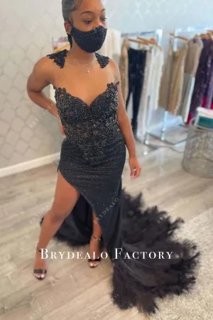 Black Sleeveless Mermaid Feathered Thigh Slit Prom Dress