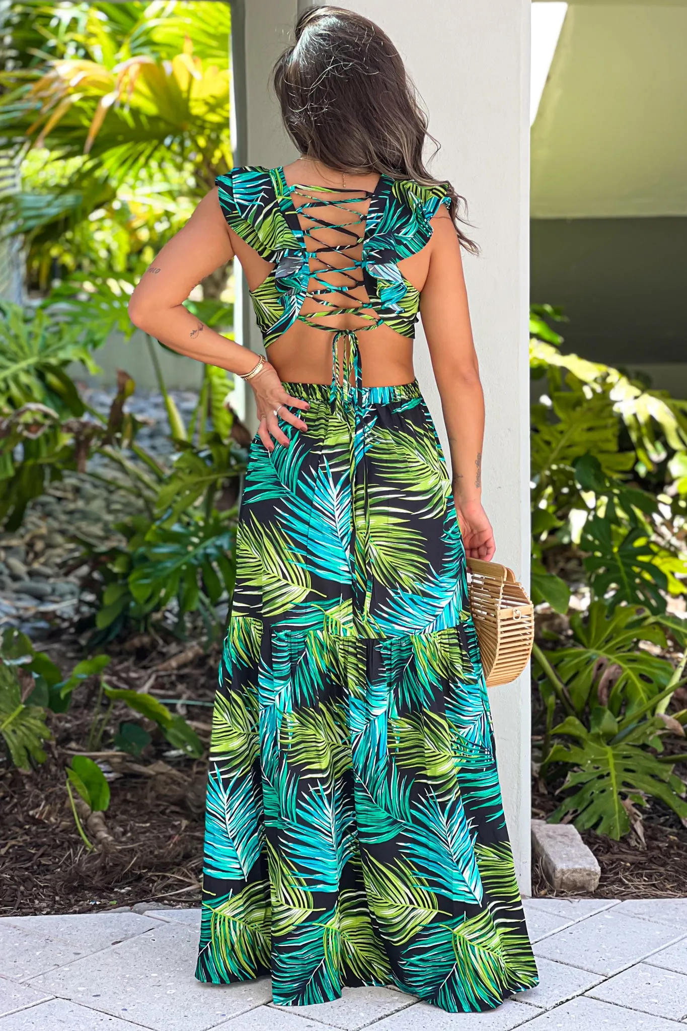 Black Tropical Maxi Dress With Ruffled Criss Cross Top