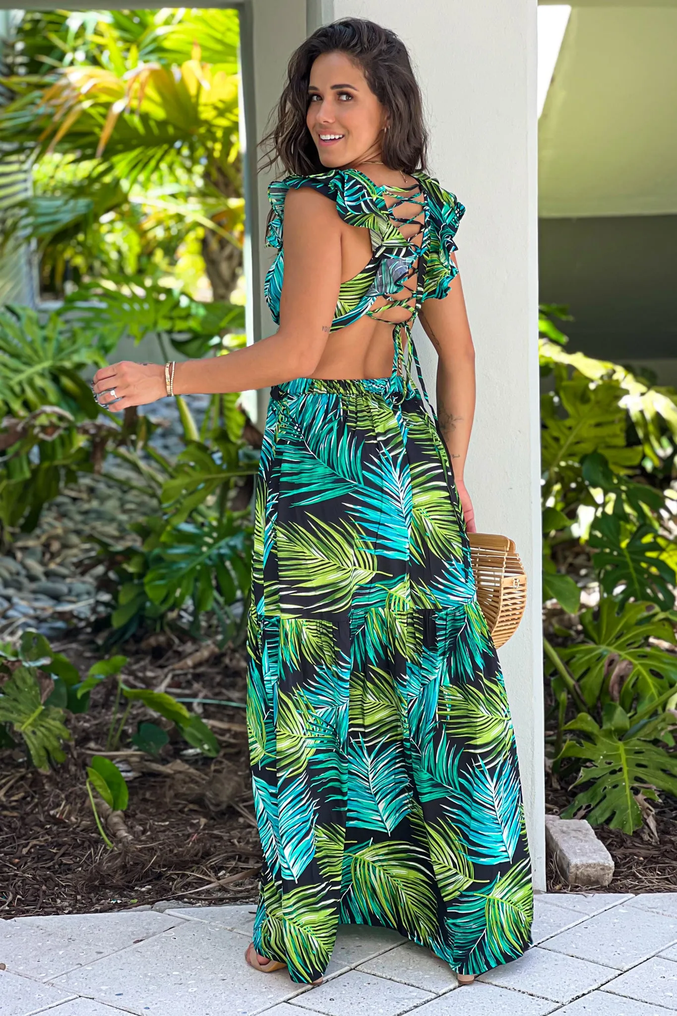 Black Tropical Maxi Dress With Ruffled Criss Cross Top