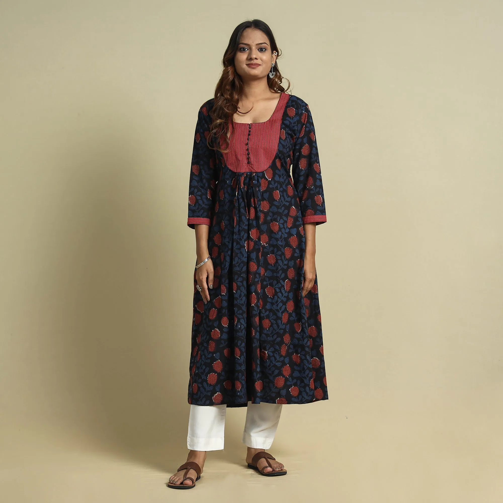 Blue - Jahota Block Printed Kantha Patchwork Cotton Kurta