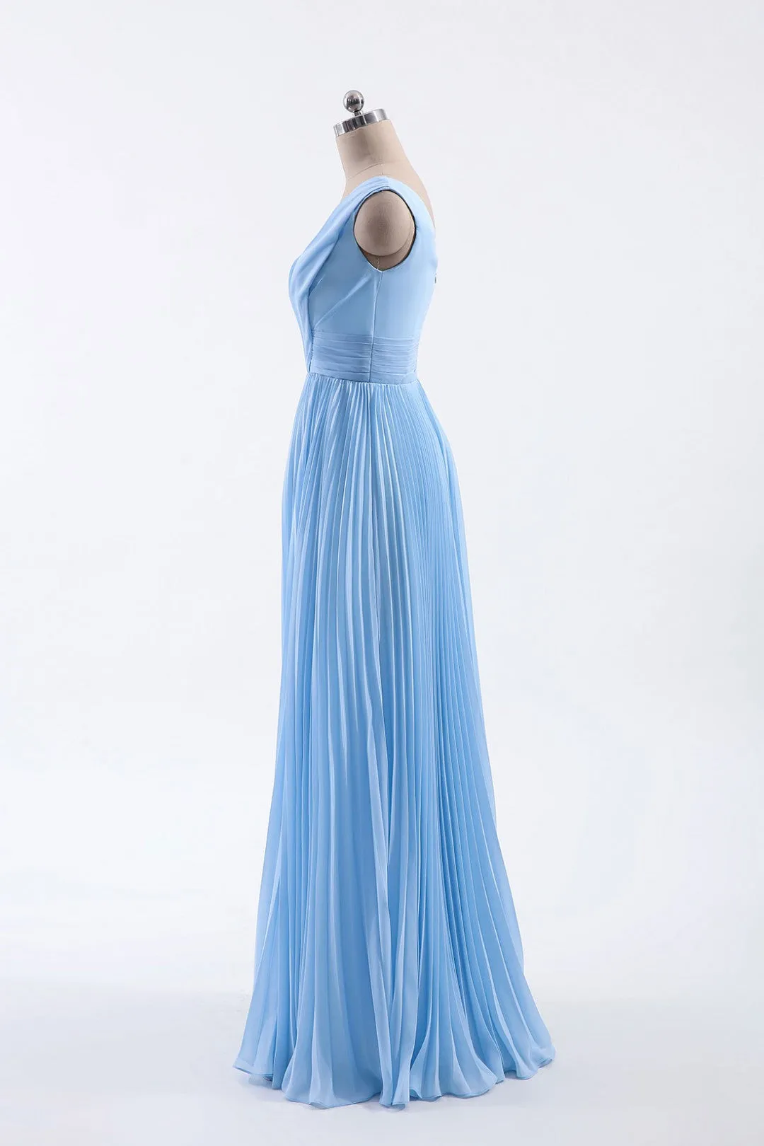 Blue Pleated A-line Chiffon Long Bridesmaid Dress