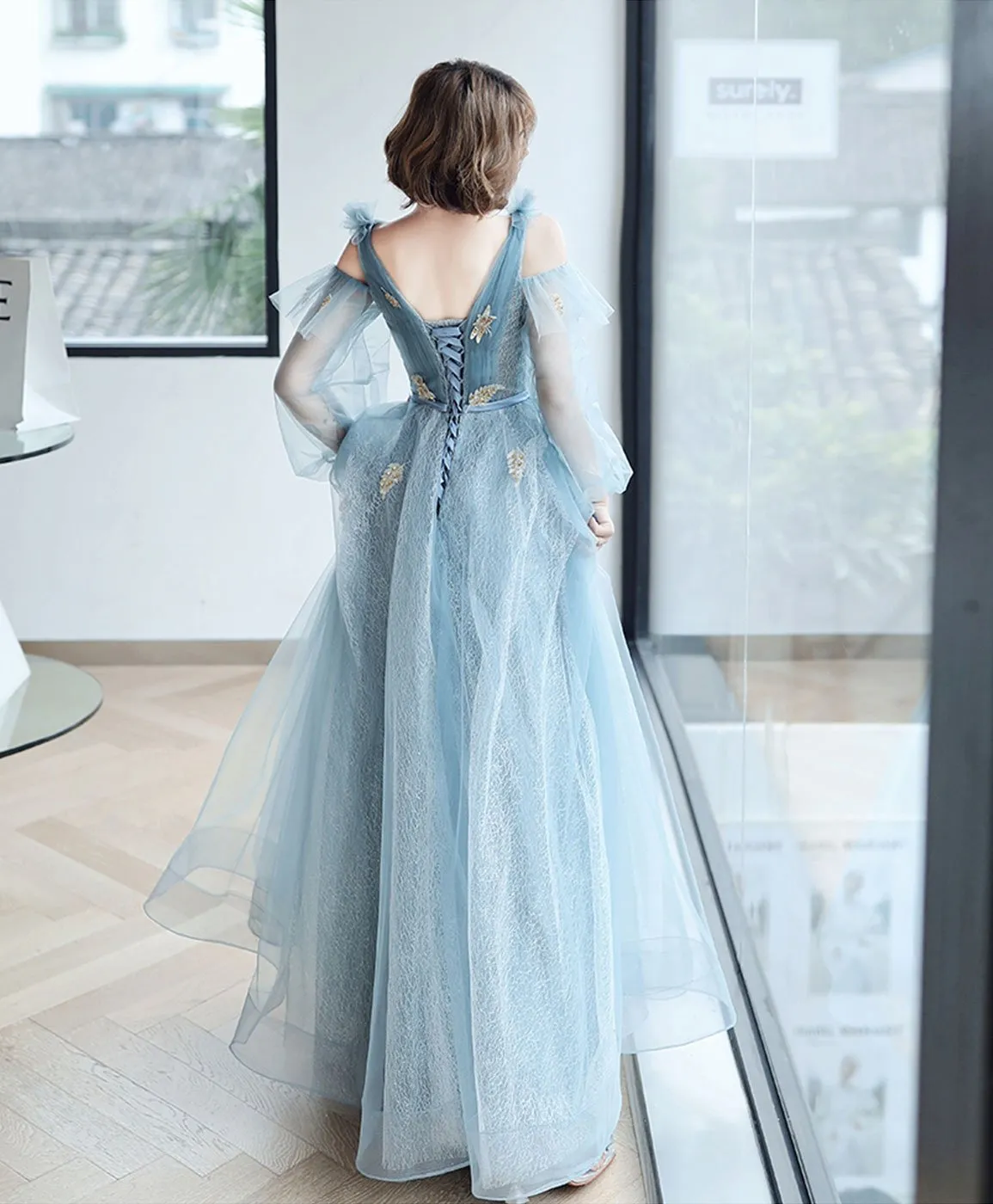 Blue V Neck Tulle Lace Long Prom Dress Blue Lace Formal Dress