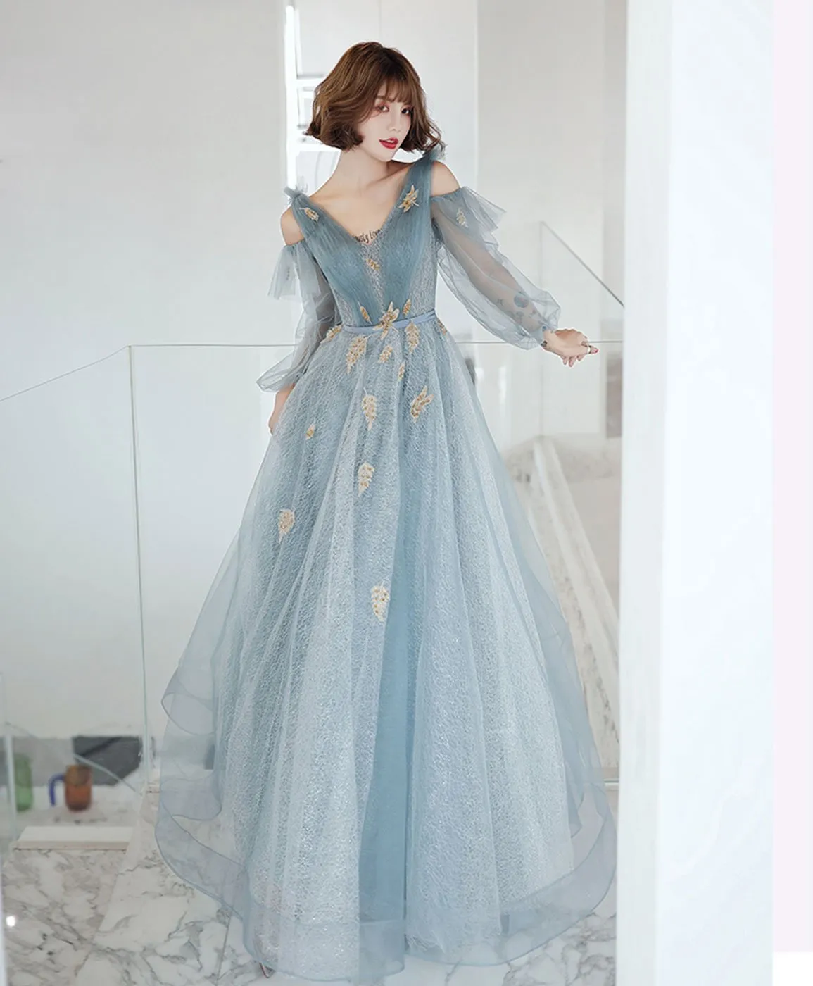 Blue V Neck Tulle Lace Long Prom Dress Blue Lace Formal Dress