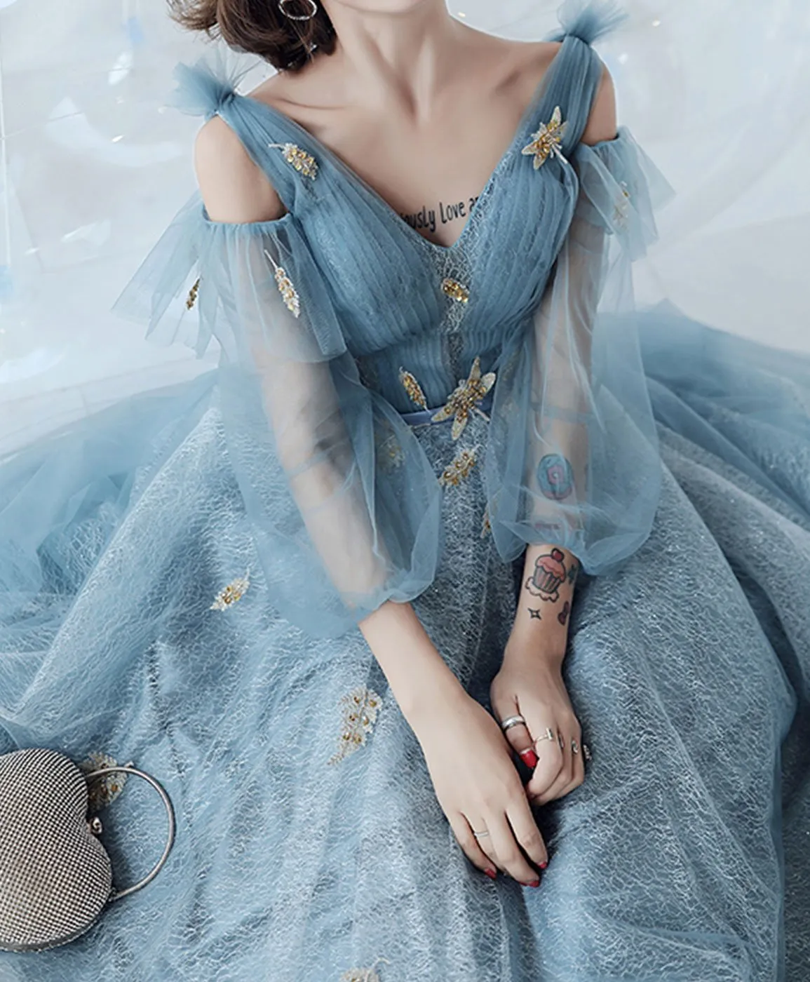 Blue V Neck Tulle Lace Long Prom Dress Blue Lace Formal Dress