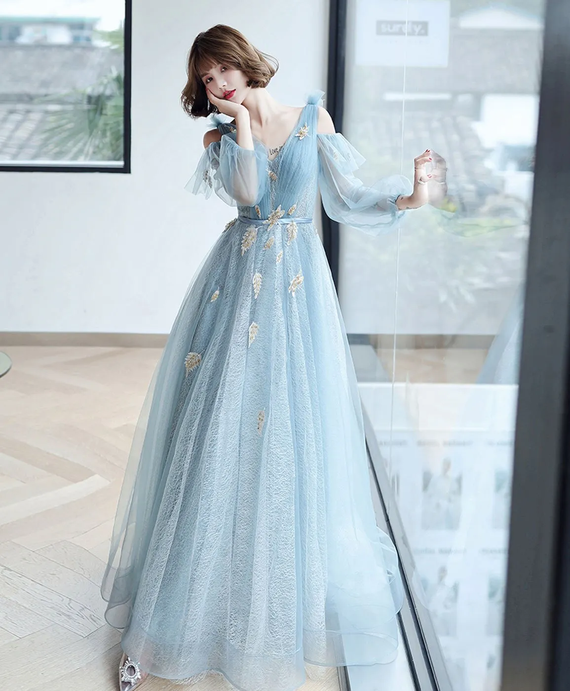 Blue V Neck Tulle Lace Long Prom Dress Blue Lace Formal Dress