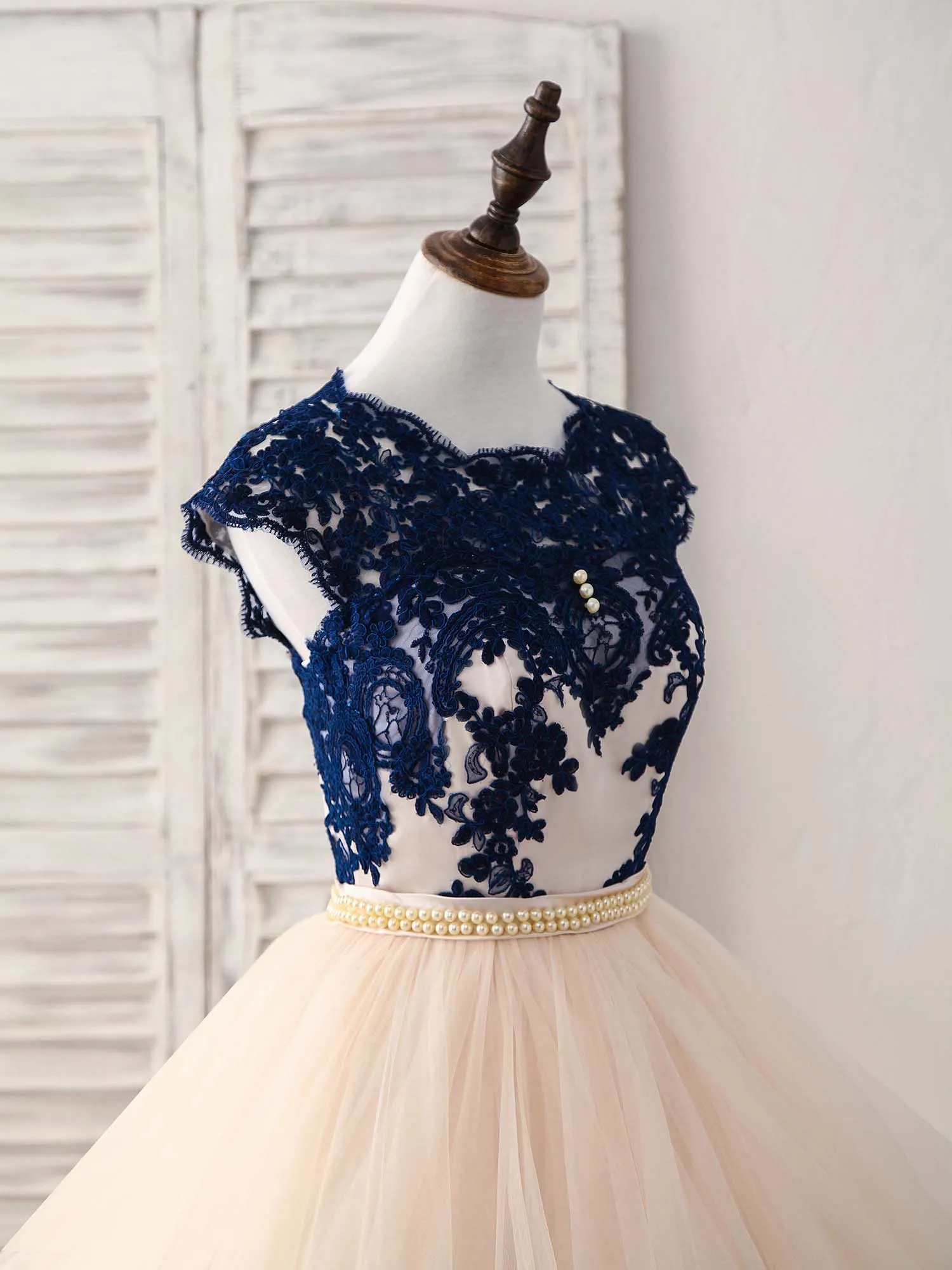 Blue/Champagne Tulle Lace Applique Long Prom Dress, Evening Dress