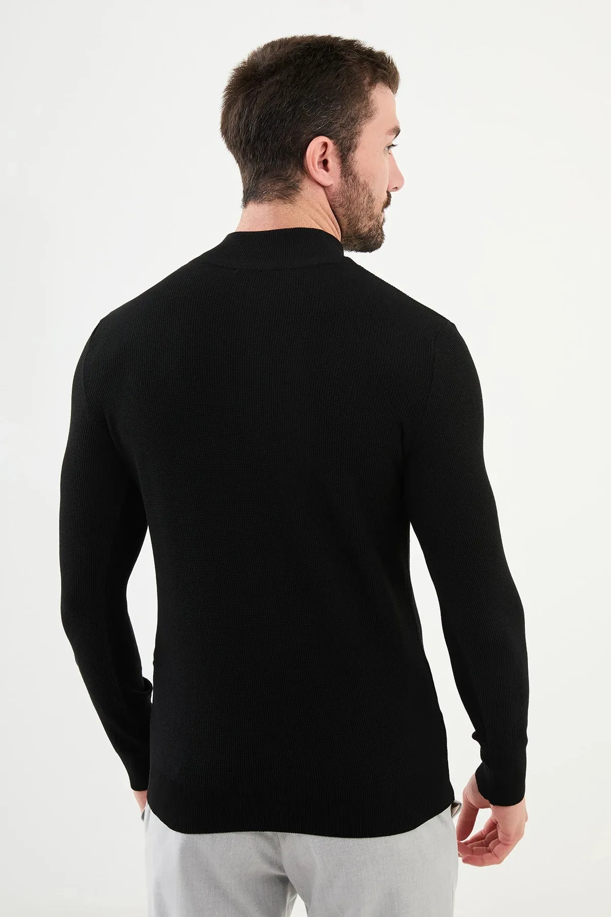 Bojoni Capena Textured Slim Fit Zippered Half Turtleneck Black Knitwear Sweater