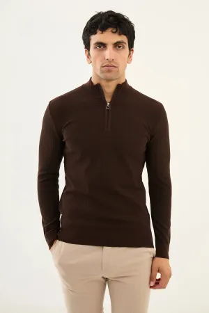 Bojoni Capena Textured Slim Fit Zippered Half Turtleneck Brown Knitwear Sweater